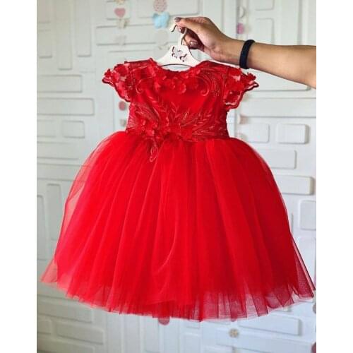 Lovely short sleeve vintage lace red toddler girls birthday dresses red lace celebration dresses bow back knee length dress