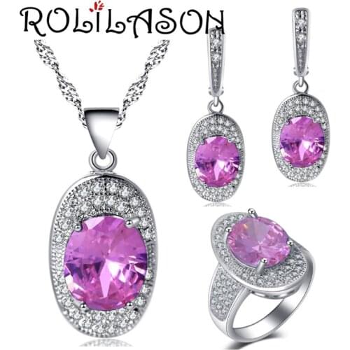 ROLILASON Silver ingots pink For women Earrings Necklace pendant Rings Jewelry Sets USA size #6#7#8#9#10 JS717