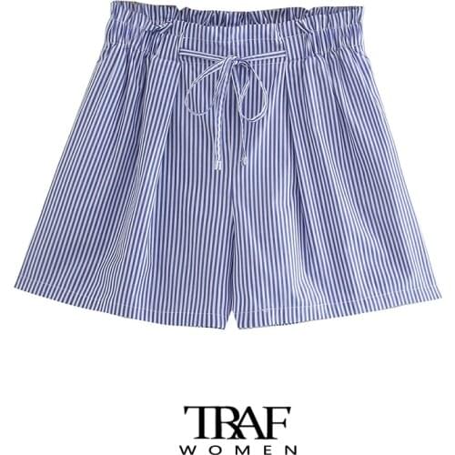 TRAF Za Women Fashion Side Pockets Striped Bermuda Shorts Vintage High Elastic Waist Drawstring Female Short Pants Mujer