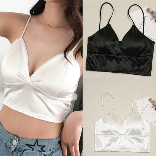 Sexy Satin Crop Tops Wireless Bralette Crochet Top Female Spaghetti Strap T-shirt Cropped With Chest Padded Camisole