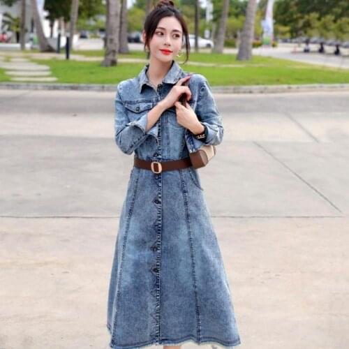 Ladies jeans Dresses Summer short sleeve Slim turn down collar Long Denim Dresses european Female dresses women dresses