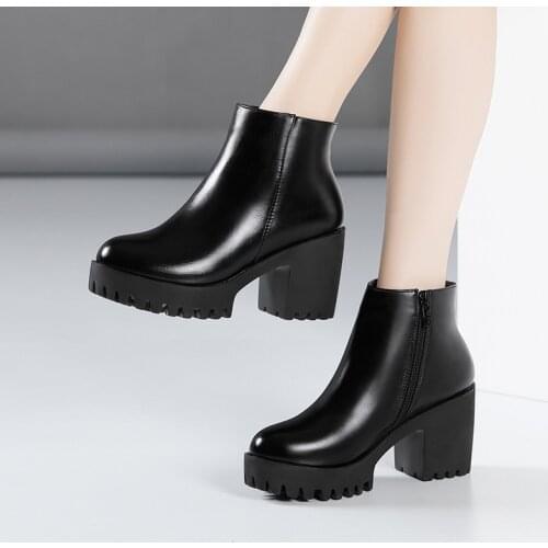 Plus Size 32-43 Block Heel Platform Boots Ladies Ankle Boots Leather 2021 Fall Winter High Heels Boots Women Shoes Fur Plush