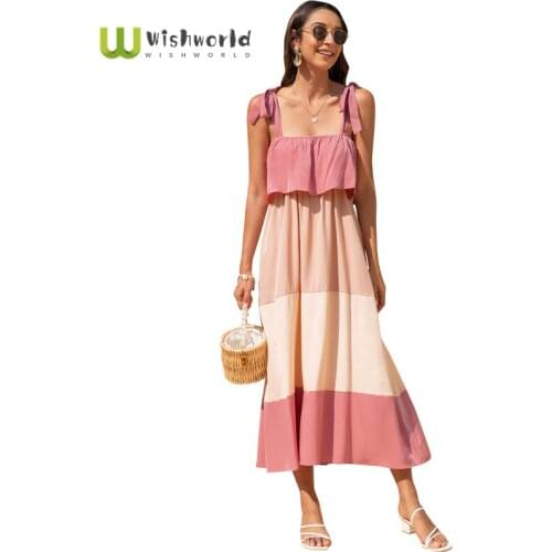 2021 New Bowknot Sexy Sling Splicing Color Contrast Dress Fashion Women Summer Grace Vacation Sundress Bodycon