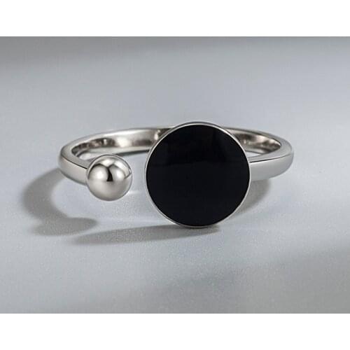 KOFSAC Trendy Silver Color Ring Black Round Button Bead Women Finger Jewelry Adjustable Rings Daily wear Simple Punk Style Gifts