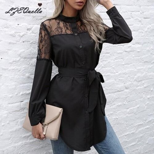 LZEQuella Elegant Lace Shirt Dress Women Buttons Sashes Belt Dress Mini Short Spring Dresses Streetwear Summer Clothing Vestidos