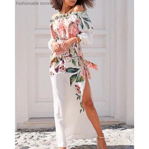 Women Off Shoulder Long Sleeve High Slit Chiffon Maxi Dress