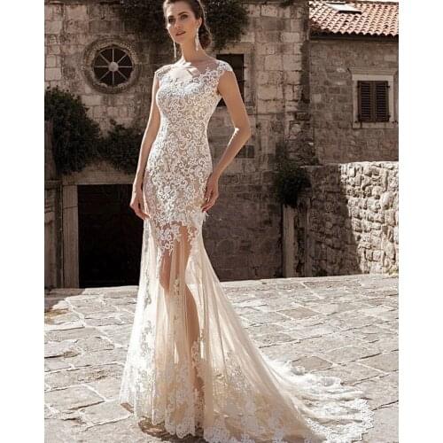 Elegant Mermaid Wedding Dresses O-Neck Illusion Sleeveless Sheer Skirt Removable Bridal Gown Lace Bride Gowns Vestidos De Novia