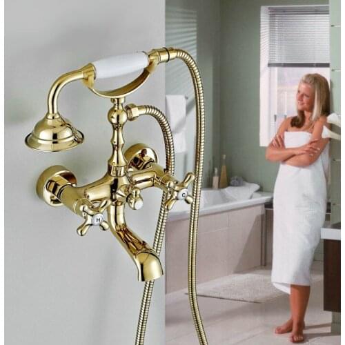 Gold Polished Brass Two Levers Wall Mounted Clawfoot Bath Tub Faucet Mixer Tap Telephone Style Hand Held Shower Head Set atf134