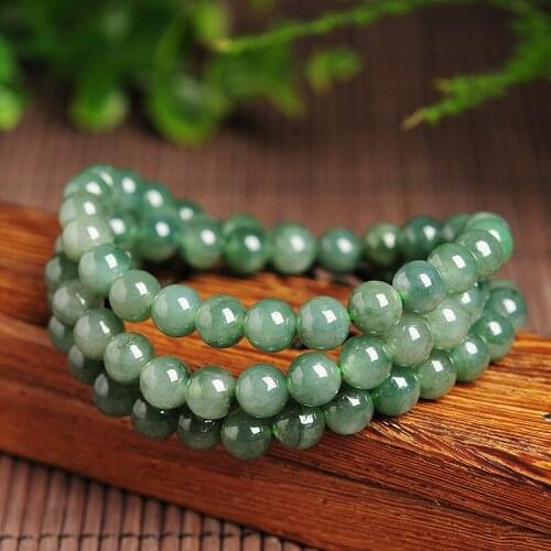 100% Natural Jade (Jadeite) Necklace 7mmW Luck Oil-green Round Beads Link Chain Necklace 21inch