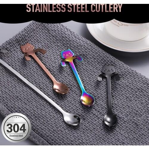 304 Stainless Steel Cute Cat Shape Coffee Spoons Tea Spoon Stirring Spoons Stylish Cat Spoon Long Handle Flatware Drinking Tools
