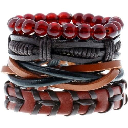 4pcs/set hippie punk black Leather wax cord knots charm red onyx Beads Layers stackable wrap Bracelet Bangles Unisex Jewelry
