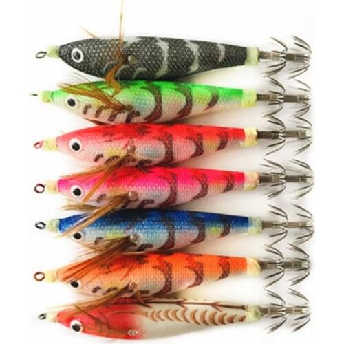 7Pcs Luminous Squid Jigs Glow Wood Shrimp with Octopus Squid Jig Hooks Cuttlefish Fishing Lure
