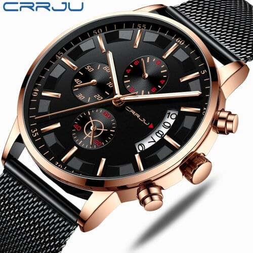 CRRJU Luxury Brand 2019 New Mens Business Dress Watch Chronograph Date Full Steel Mesh Wristwatches Gifts for Man montre homme