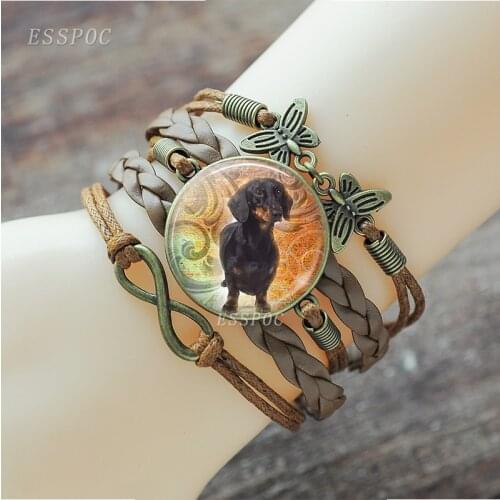 Black Dachshund Dog Bulldog Jewelry Glass Dome Woven Charn Bracelet Dog Pet Bangle Dog Lover Gifts