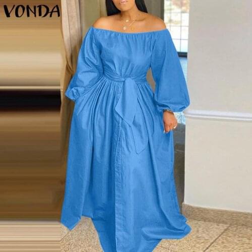 Elegant Off Shoulder Dress 2021 VONDA Spring Sundress Women Solid Color Long Maxi Dress Femme Casual Button Up Party Vestidos