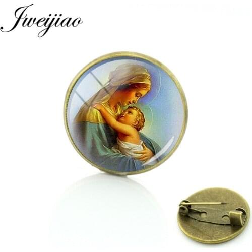 JWEIJIAO Vintage Virgin Mary Religious Catholic Brooches Glass Cabochon Brooch Jewelry Bronze Metal Pins For Clothes Bag MY04