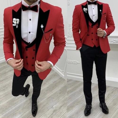 Custom Made Classic Red Suits Men 3 Pieces Slim Fit Best Man Groom Wedding Prom Dress Tuxedo Jacket Double Breasted Vest Pants