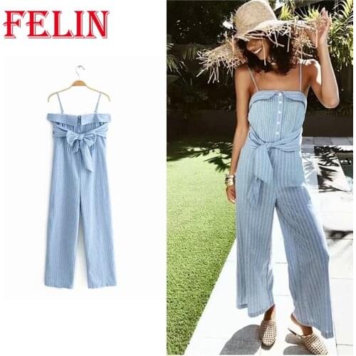 FELIN Women 2021 Summer Fashion Jumpsuit Backless Blue Belt Striped Suspender Rompers Casuual Bodysuit Mujer Mono