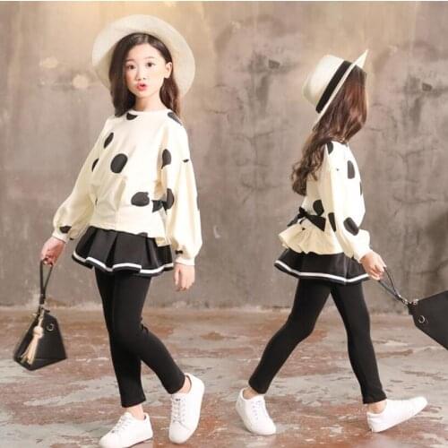 Girls Clothing Sets 2019 Spring Autumn Children fashion Suit Cotton Polka dot Long Sleeve Coat+Trouser skirt 2 piece suit