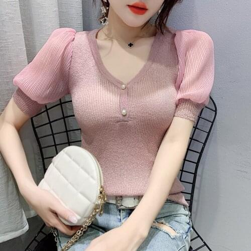 Summer Womens knitting T-Shirts Puff sleeve Short Sleeves Solid Color V Neck Women T shirt Tops