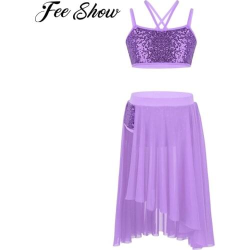 Camisole Sequins Lyrical Latin Dress Dance Costume Kids Girls Sequins Spaghetti Shoulder Straps Crop Top with Tulle Skirt Set