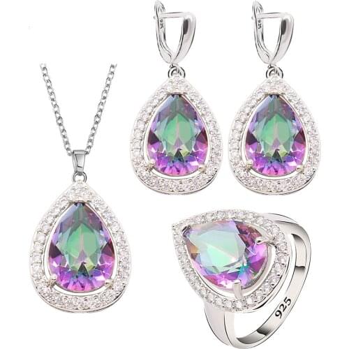 Multicolor Rainbow Semi-precious Silver Color Jewelry Sets for Women Earrings Necklace Pendant Ring