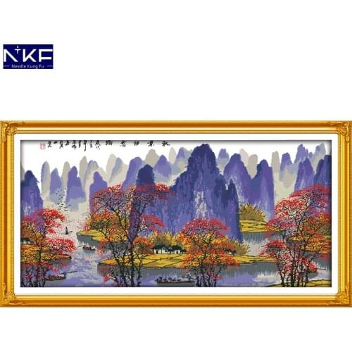 NKF The Autumn Leaves and Li River Cross Stitch Pattern DIY Kit Needlework Embroidery Sets Chinese Cross Stitch for Home Decor