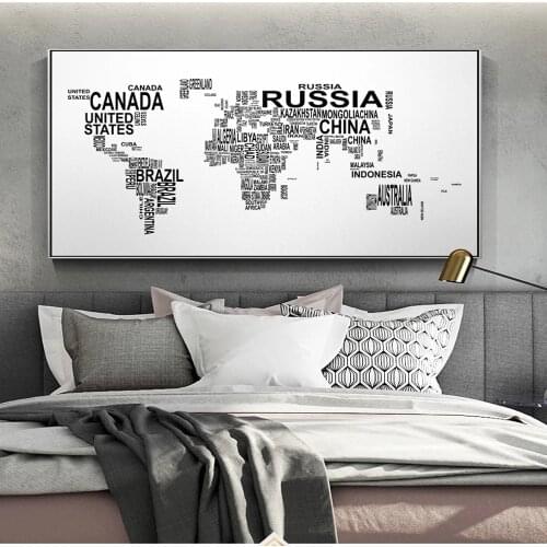 Letters World Map Wall Art Canvas Abstract Black And White Art Words World Map Posters And Prints Pictures For Living Room Decor