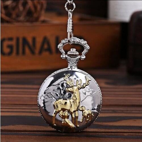 New fashion quartz White steel Three deer Flip clock cowboy chain men students pocket watches