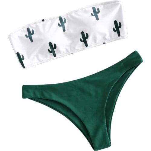 New Cactus Pattern Printed Strapless Separates Womens Bikini Set V Waist Swimwear Bandeau Swimsuit