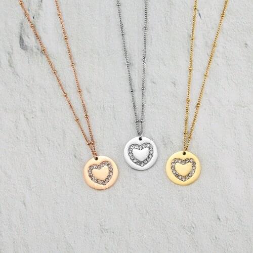 Wholesale Crystal Heart Coin Necklace Stainless Steel Clear rhinestone Heart Pendant as Mothers day Gift 10pcs/lot