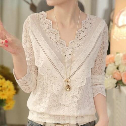 Autumn Women White Blouse Long Sleeve V-Neck Hollow Lace Blouse Shirt Tops Blouse Women Blusas Mujer De Moda 2021 Blouses C219