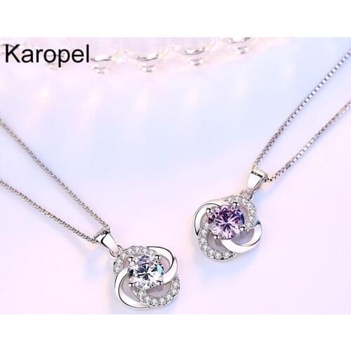925 Sterling Silver New Women Fashion Jewelry Purple Crystal Zircon Four-leaf Clover Flower Pendant Necklace Length 45CM
