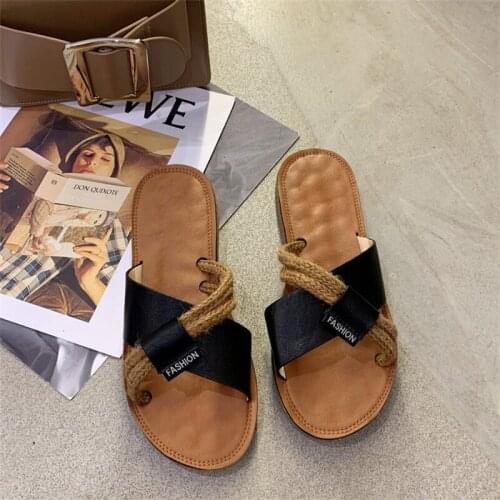Korean Style Summer Hemp Rope Cross Splicing Womens Sandals Plat Female Slippers Flat Toe Anti-slip Ladies Beach Slides Shoes