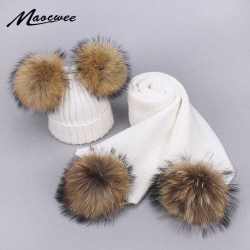 Parent-Child Caps Girl PomPom Hat&Scarf Set Beanie Warm Knitted Fur Pompom Caps Children Adult Lady Mom Real Raccoon Winter Hat