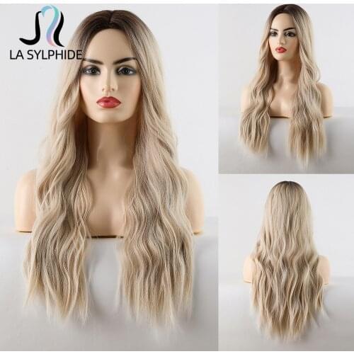 La Sylphide Synthetic Wig Long Natural Wavy Root Brown Ombre Blonde Wig with Middle Part for Women Daily Use Wigs Heat Resistant