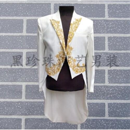 Men embroidered tuxedo suits designs terno stage costumes for singers men sequin blazer dance clothes jacket style dress white
