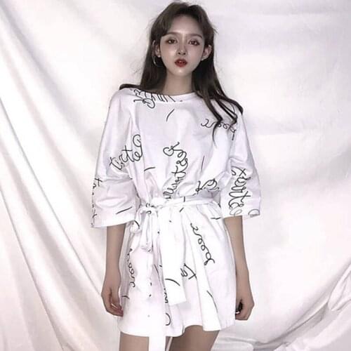 Special offer wholesale summer new short-sleeved t-shirt skirt women loose mid-length Korean white half-sleeved shirt graffiti