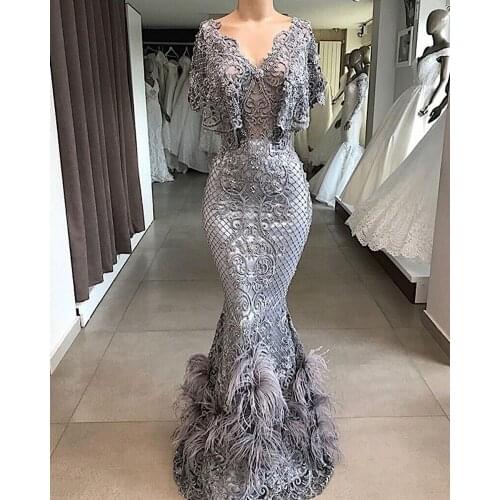 Mermaid Evening Dress Long Short Sleeves Sexy Embroidery Lace Evening Gown Grey Prom Dress Formal Party Gown Vestido de Festa