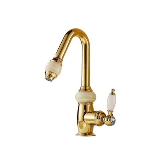 Vidric fashion solid brass and natural jade construction bathroom hot and cold gold finish basin faucet with pull out shower hea