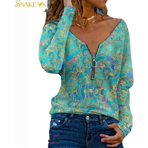 SNAKE YX Graphic Tees Autumn Womens Geometry Printed Zipper V-neck Long Sleeve Top Loose Soft and Comfortable Bottoming Shirt