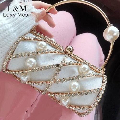 Women Rhinestone Pearl Luxury Designer Handbag Hollow Out Evening Clutch Bag Party Dinner Mini Purse Chain Messenger Bag X560H