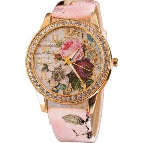Fashionable personality Women Luxury Rhinestone Inlaid Flower Round Dial Faux Leather Band Quartz Wrist Watch Ladies Gift Ladie