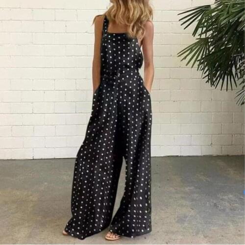 Womens Fashion Wide Leg Jumpsuit Casual Loose Long Cotton Sling Jumpsuit Cotton Linen Boho Polka Dot Sleeveless Jumpsuit Mujer