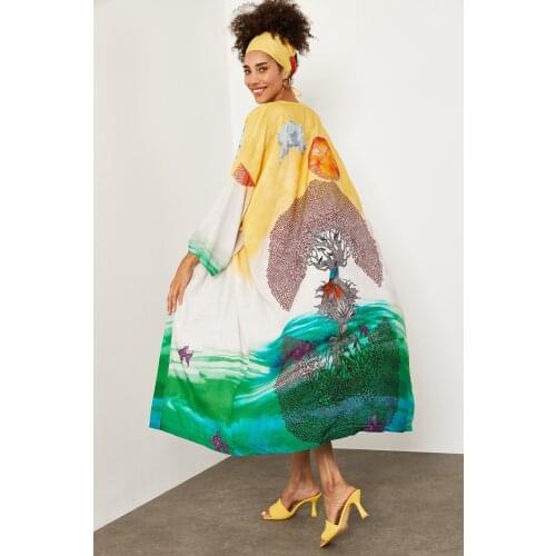 Women Yellow Printed & Bandanalı Long Kimono, Holiday, Home, Beach, Sea, swimwear Top, Casual, Vivid color, High Quality Natural Print Stylish Design