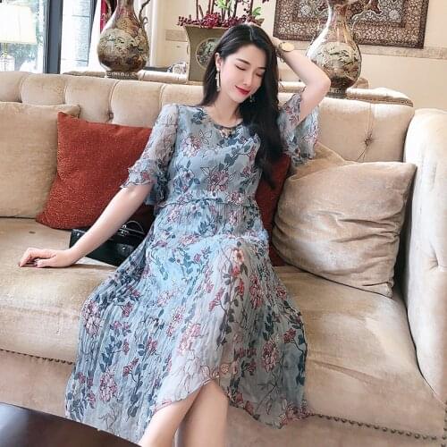 Summer 2020 Women Spring 200% Real Silk Dress Elegant Floral Beach Dresses Boho Party Vestido Midi L222NT682 KJ5666