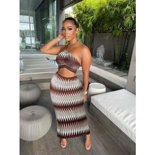 2021 Holiday Boho Party Two Piece Casual Striped Dress Suits Sleeveless Halter Crop Top & Bodycon Miid Skirt Matching Set