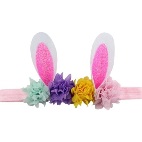 5pcs/lot, Infantile Girls Bunny Ears Headband For 2019 Easter Headbands Kids Mini Shabby Flowers Elastic Hair Bands Party Hair