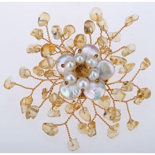 Yacq Womens Citrine Gemstone Freshwater Pearl Pin Brooch Pendant 2 in 1 Handmade Jewelry Flexible Copper Wire Gifts for Her