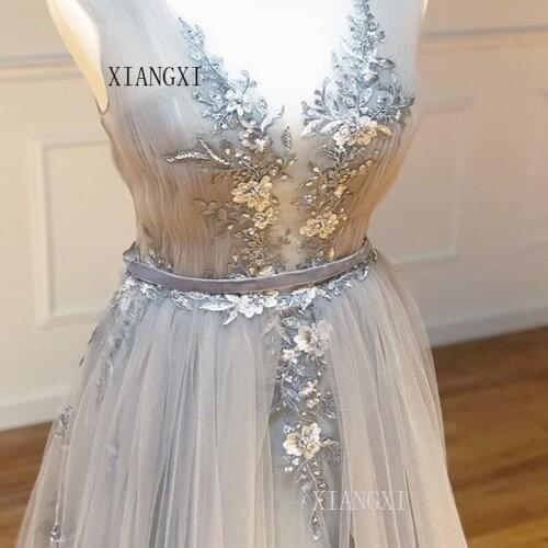 Charming Silver Evening Dresses A-Line V-Neck Lace Appliques Beading Long Evening Dress Formal Party Gowns robe de soiree